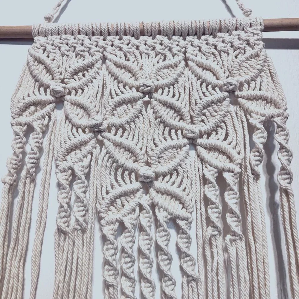 Macrame/Crocheted Wall Hanging-Ivory/Cream-Bohemian-Wood Dowel-Knots-Twist-Flow